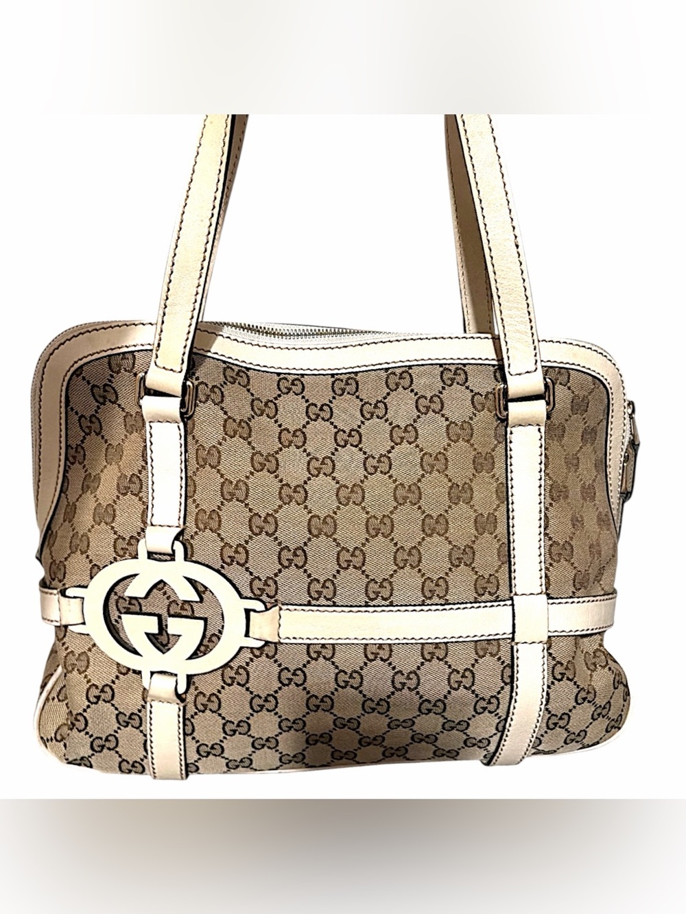 Gucci Beige GG Canvas Shoulder Bag with White Trim